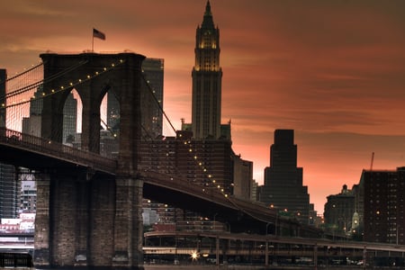 Brooklyn Bridge - chains, water, tower, bridge