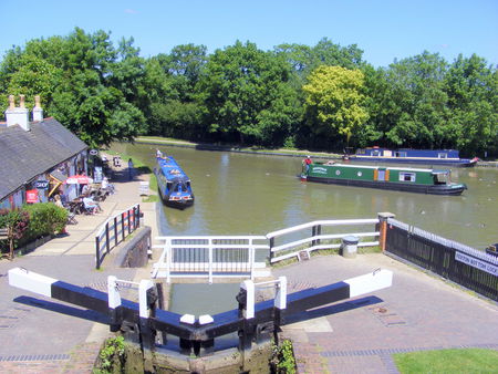 At Foxton Locks. - trees, lock, canal, narrowboats, grass