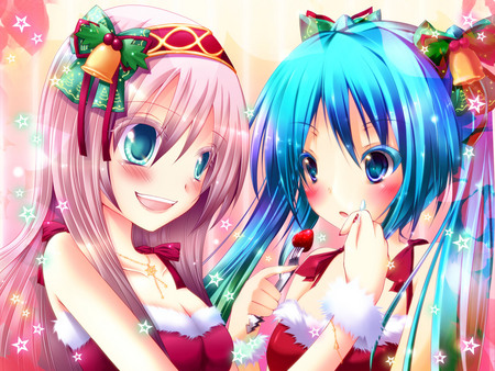 Hatsune Miku and Megurine Luka - blushing, anime, twintail, bells, hatsune miku, christmas, megurine luka, cute, vocaloids, sexy