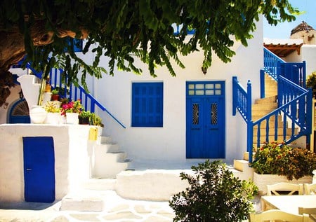 Sapphire cottage - house, doors, white, blue, stairway, trim, plant, tree