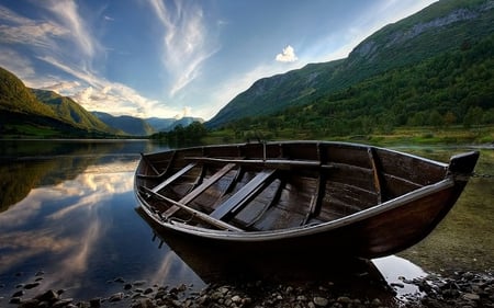 Beautiful - calm, wood, serene, pure, peace, mountain, land, woods, beauty, colors, stones, river, boats, lanscape, nature, tranquility, green, hills, boat, landscape, forest, reflection, view, lake, art, sky, clouds, trees, water, beautiful, lovely, wooden, mountains, peaceful