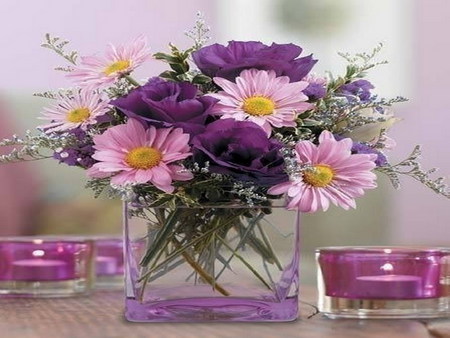 purple - purple, daisy, candle, pink, glass