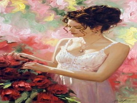 painting - flowers, touch, lady, painting