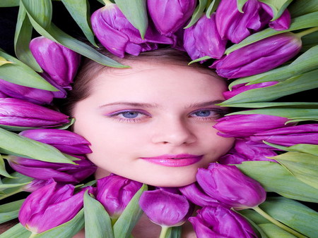 pretty face - face, tulips, purple, pretty