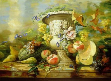 Bountiful harvest - woman, peaches, statue, pears, fruits, carvings, painting, pumkins, man, flowers, grapes