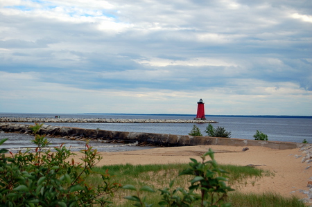 Lighthouse - michigan, water, lighthouse, beach, cloudy, sky