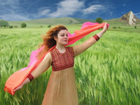 wind - woman, macin, red, clouds, zavaidoc, green, wind