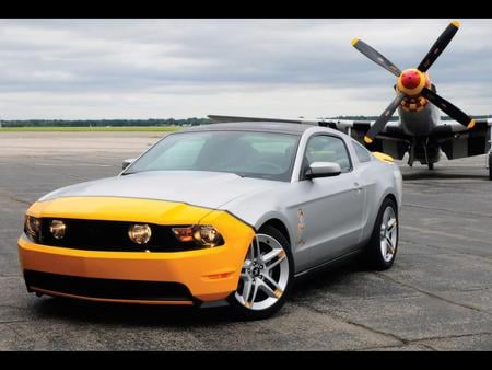 Mustangs - ford, plane, silver, yellow