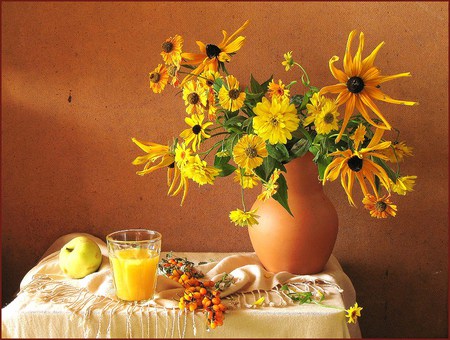 Good morning sunshine - flowers, vase, black, yellow, sunshine, apple, morning orange juice