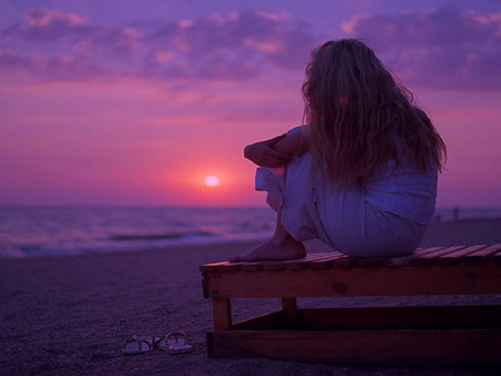 purple sunset - lonely, sunset, lady, purple