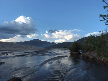 Great Sand Dunes - sky, sand dunes, snow, stream, colorado