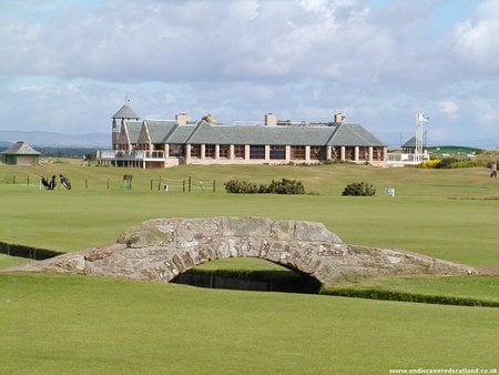 Green field - green field, standrews, wide, small bridge, hotel, grass