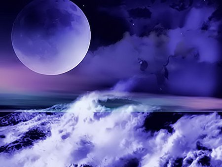 Attract - moon, blue, clouds, sea, cg