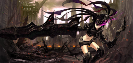 IBRS - black rock shooter, devastated city, glowing eye, anime, twintails, insane black rock shooter