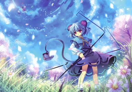 Nazrin - sky, field, hakurei reimu, touhou, nazrin, clouds, petals, anime, flowers