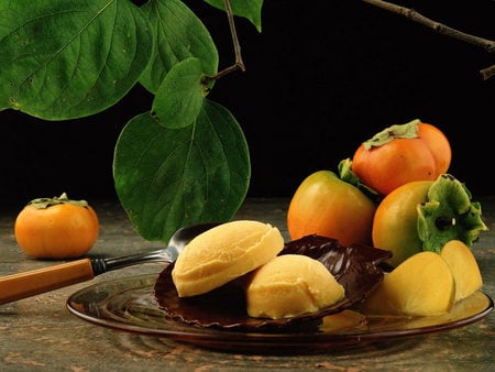 persimmon icecream - fruits, delicious, sweet, persimmon, chocolate, icecream