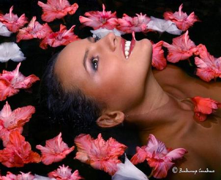 Spa day - woman, petal, hibiscus, water, flowers, soaking