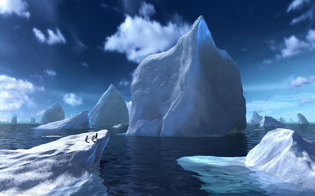 PENGUINS ON THE ICEBERG - clouds, water, penguins, blue, iceberg, sky