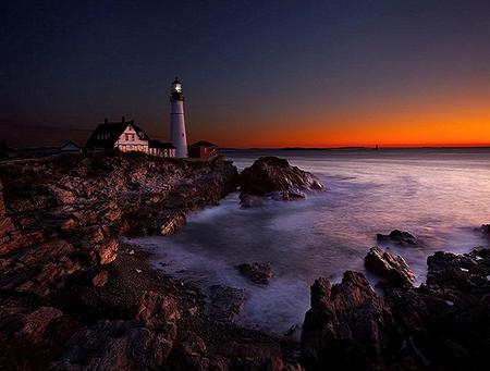 Gorgeous sunset - lighthouse, water, sunset, foam, rocks, beautiful, orange, house, rocky