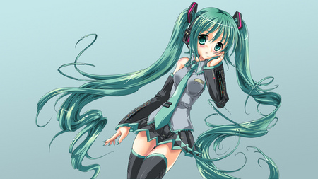 Hatsune Miku - hatsune miku, skirt, girl, headset, blushing, twintail, vocaloids, hatsune, pretty, blue, anime, miku, cute