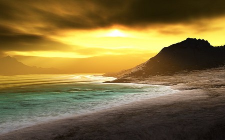 YELLOW STORM - beach, ocean, yellow, mountains, sunset