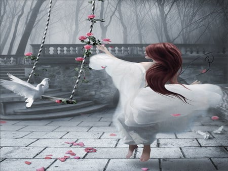 swing - swing, white, dove, girl, flower