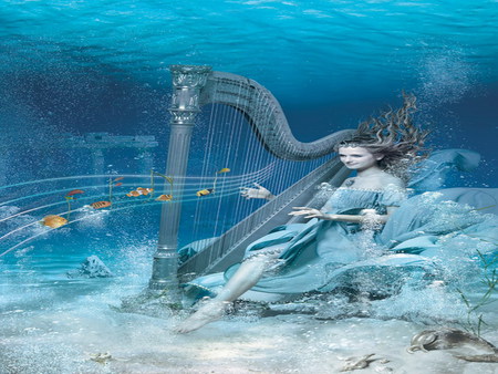 ocean melody - ocean, melody, harp, blue, fish, deep