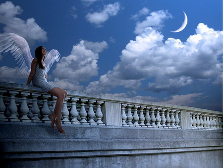 new moon - sky, bridge, angel, blue