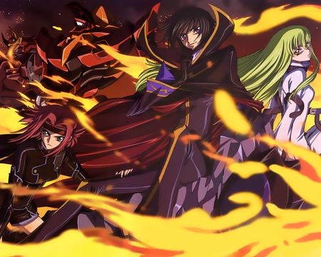 Code geass 2 - code, girl, flames, boy, geass, geass in flames