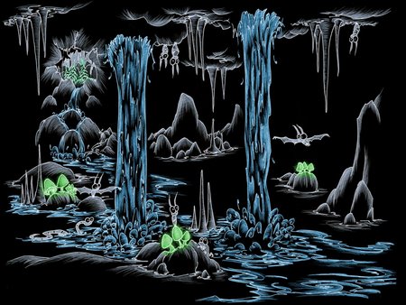 Bats in a Cave with Waterfalls - cave, black, graphics, dark, blue, bats, waterfalls, grey, green