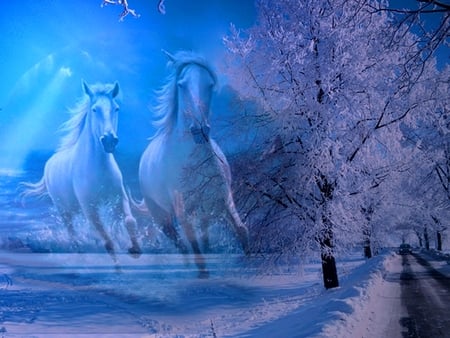 winter beauty - fantasy, winter, nature, horses