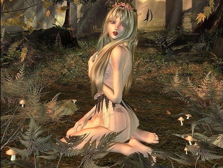 Girl in the Wood (3D) - mushroom, wood, girl, 3d and cg, dark