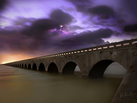 stormy day on the bridge - dark, river, clouds, water, sunset, bridge