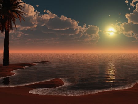 Redside Cove - moon, beach, sky, cove, palm tree, sun, water, nature, cloud, red, clouds, sea, sand