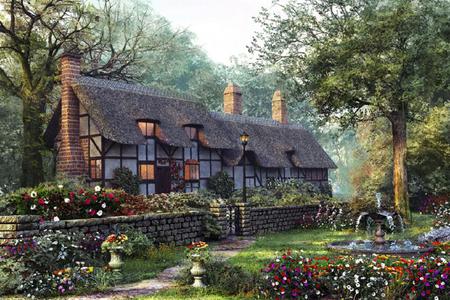 lovely cottage - cottage, windows, trees, water, fountain, wall, urns, beautiful, smokestackes, house, flowers, grass, garden, wildflowers