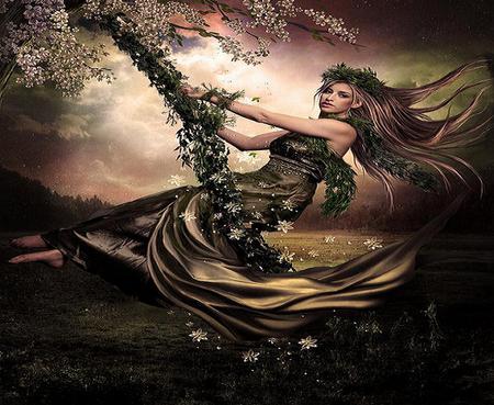 Girl just wanna have fun - swing, flowers, satin, woman, beautiful, dress, gold, tree