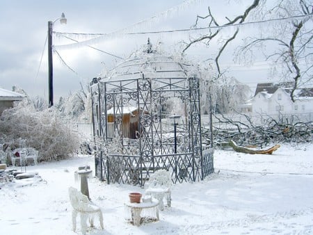 Icicle gazebo - branches, ice, chairs, iron, gazebo, white, snow, table, streetlight, house, icicle