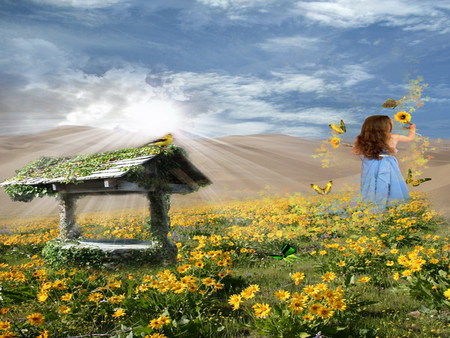 wishing well - yellow, well, girl, field, flower