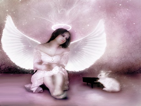 ENCHANTMENT OF AN  ANGEL - white, enchantment, mauve, female, angel, bunny