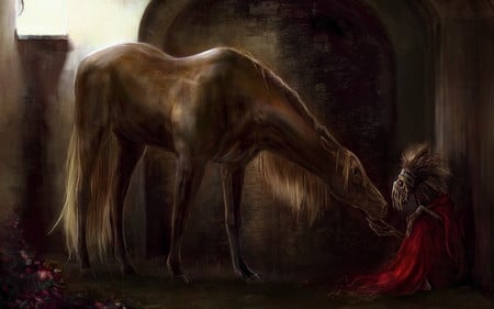 HORSE NEAR A DEMON - red, brown, horse, demon, dark