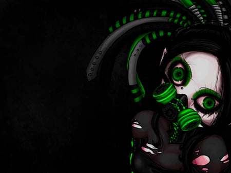 Industrial Green Girl - gas mask, anime, girl, eyes, evil, dark, black, metal, green, heavy, aweosme, industrial