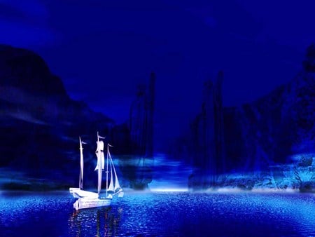 White sails in a blue world - water, blue, cliffs, structures, sailing ship, moonlight