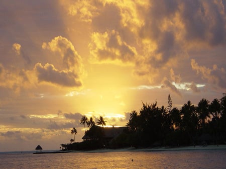 Sunset - nice, sky, beach, clouds, beautiful, water, sunset, tress