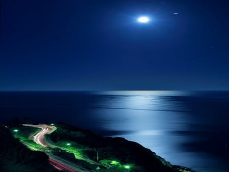 RUN TO THE MOON - sky, highway, moon, ocean, blue