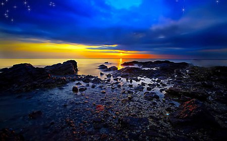 Blue Sky Sunset - sky, rock, starry, beach, sunset, blue