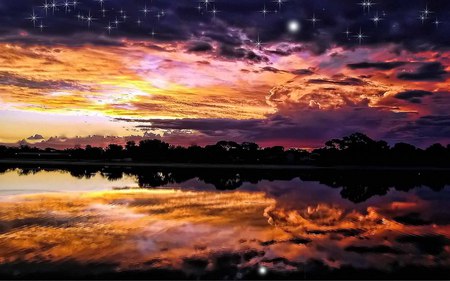 Golden Night - sky, lake, reflection, forest, golden, starry