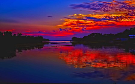 Red Sky At Dawn - sky, lake, forest, reflection