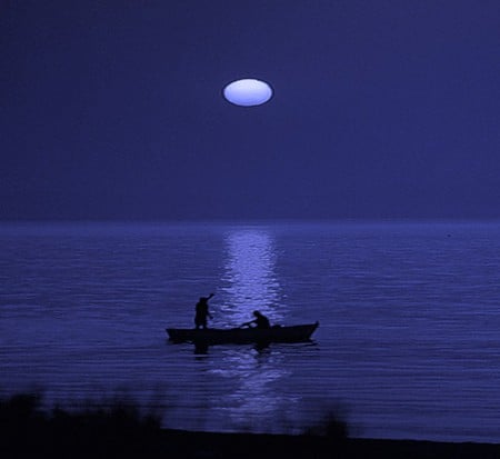 BIG MOON IN THE SKY - moon, sky, ocean, blue, night, canoe