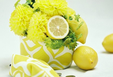 Sweet and sour - flowers, vase, yellow, yellow and white, lemons