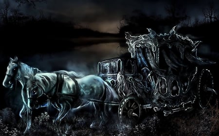 Fantasy Horses - carriage, abstract, trees, beautiful, night, horse, dark, fantasy, horses, lake, sky